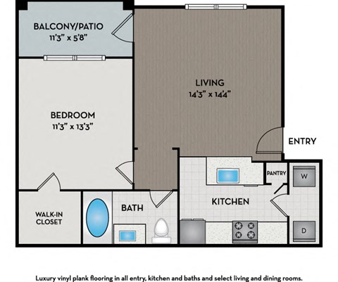 Floor plan for 1 bed, 1 bath, 608 sqft