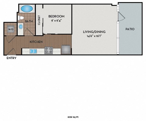 Floor plan for 1 bed, 1 bath, 777 sqft