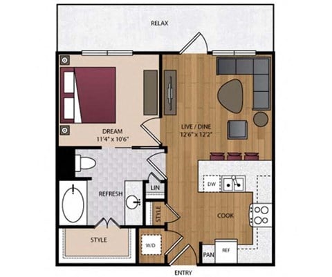 Floor plan for 1 bed, 1 bath, 746 sqft
