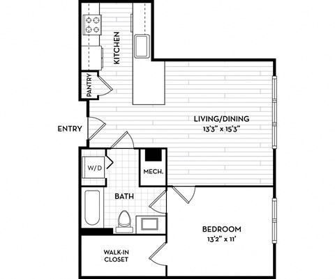 Floor plan for 1 bed, 1 bath, 622 sqft
