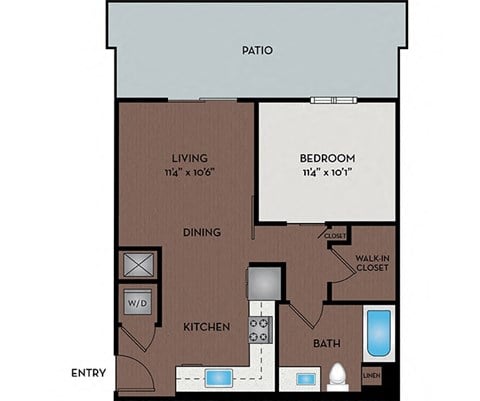 Floor plan for 1 bed, 1 bath, 624 sqft