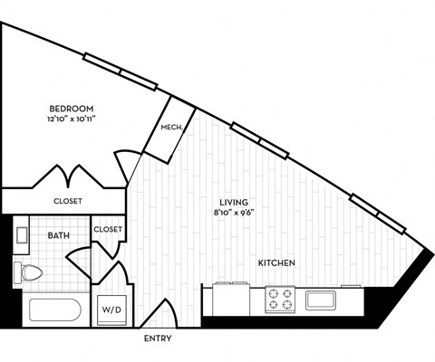 Floor plan for 1 bed, 1 bath, 626 sqft