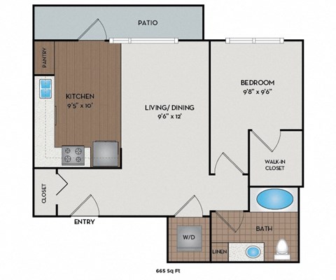 Floor plan for 1 bed, 1 bath, 795 sqft