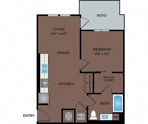 Floor plan for 1 bed, 1 bath, 672 sqft
