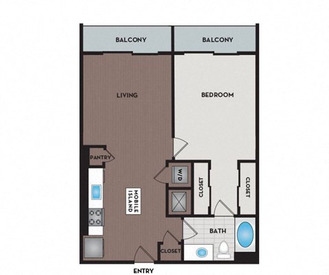 Floor plan for 1 bed, 1 bath, 679 sqft