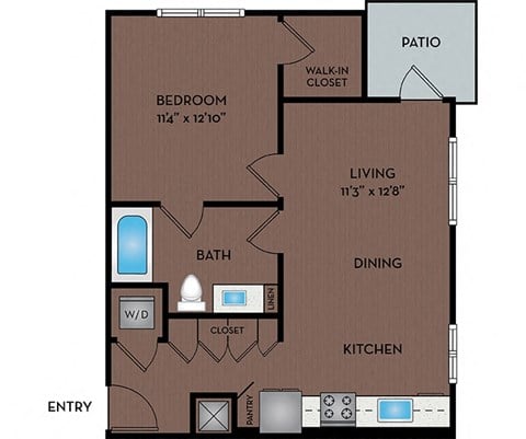 Floor plan for 1 bed, 1 bath, 686 sqft