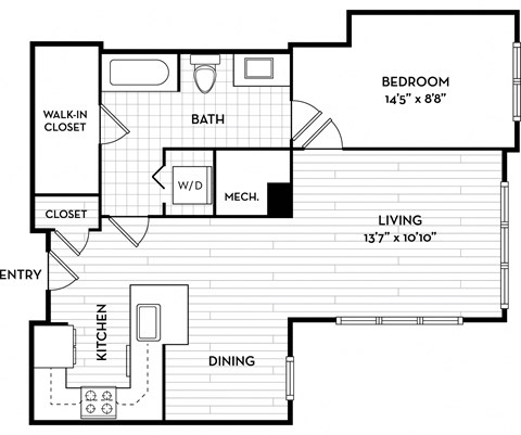 Floor plan for 1 bed, 1 bath, 688 sqft
