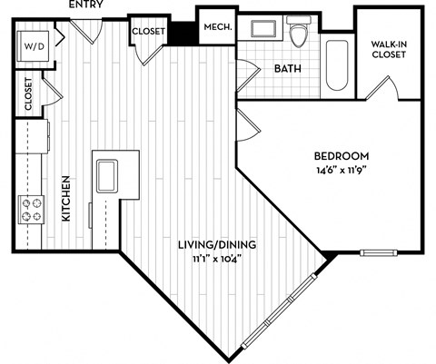 Floor plan for 1 bed, 1 bath, 692 sqft