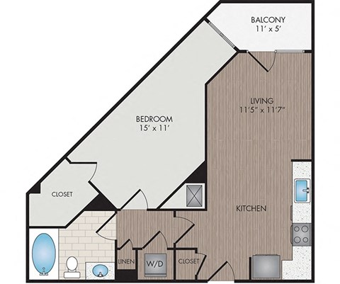 Floor plan for 1 bed, 1 bath, 765 sqft