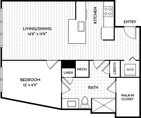 Floor plan for 1 bed, 1 bath, 696 sqft