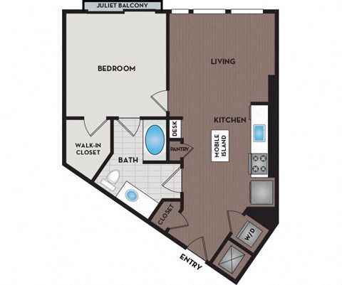 Floor plan for 1 bed, 1 bath, 714 sqft