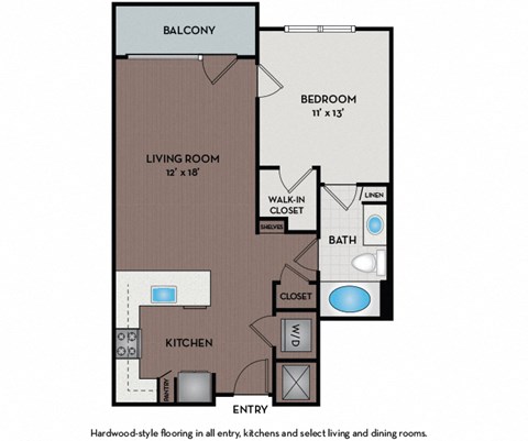 Floor plan for 1 bed, 1 bath, 870 sqft