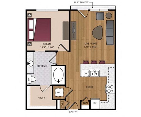 Floor plan for 1 bed, 1 bath, 736 sqft