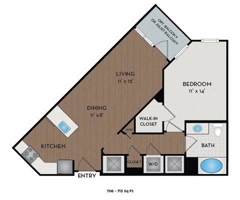 Floor plan for 1 bed, 1 bath, 713 sqft