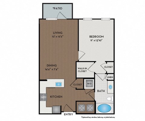 Floor plan for 1 bed, 1 bath, 749 sqft