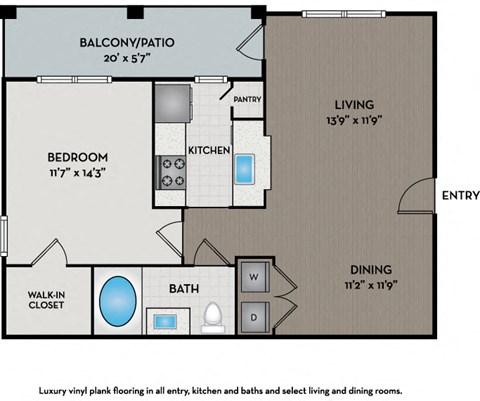 Floor plan for 1 bed, 1 bath, 726 sqft
