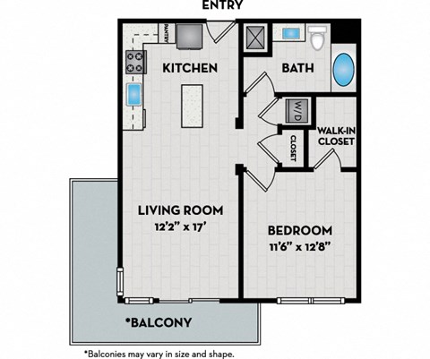 Floor plan for 1 bed, 1 bath, 728 sqft