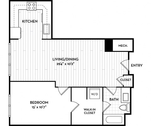 Floor plan for 1 bed, 1 bath, 733 sqft