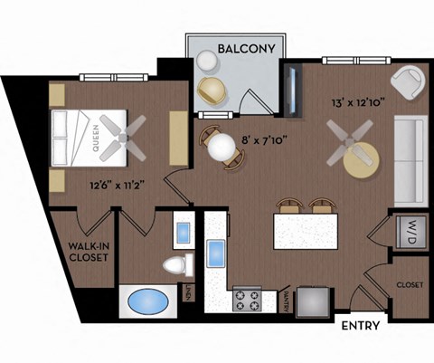 Floor plan for 1 bed, 1 bath, 748 sqft