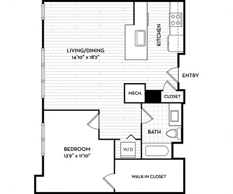 Floor plan for 1 bed, 1 bath, 736 sqft