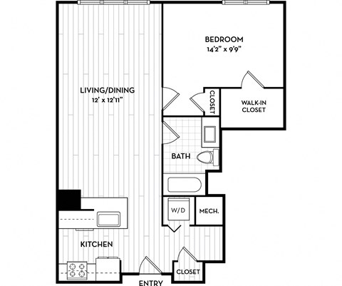 Floor plan for 1 bed, 1 bath, 738 sqft