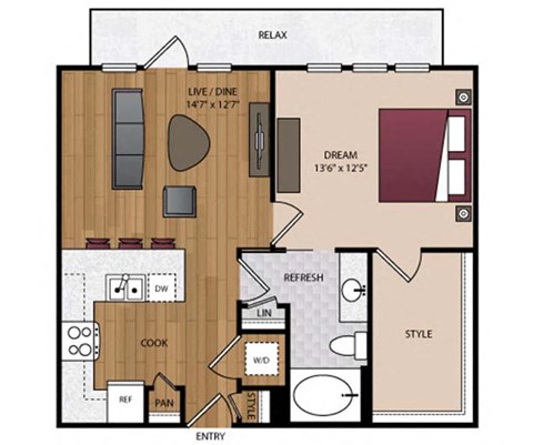 Floor plan for 1 bed, 1 bath, 739 sqft