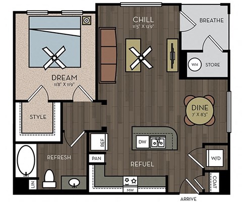 Floor plan for 1 bed, 1 bath, 746 sqft