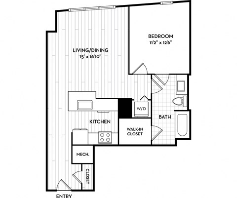 Floor plan for 1 bed, 1 bath, 748 sqft