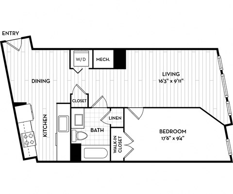 Floor plan for 1 bed, 1 bath, 750 sqft