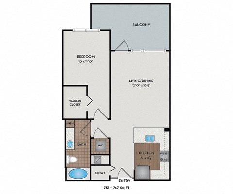 Floor plan for 1 bed, 1 bath, 767 sqft