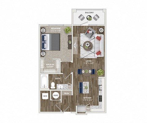 Floor plan for 1 bed, 1 bath, 762 sqft