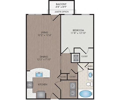 Floor plan for 1 bed, 1 bath, 765 sqft