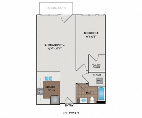 Floor plan for 1 bed, 1 bath, 801 sqft