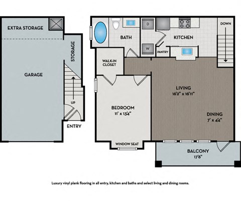 Floor plan for 1 bed, 1 bath, 896 sqft