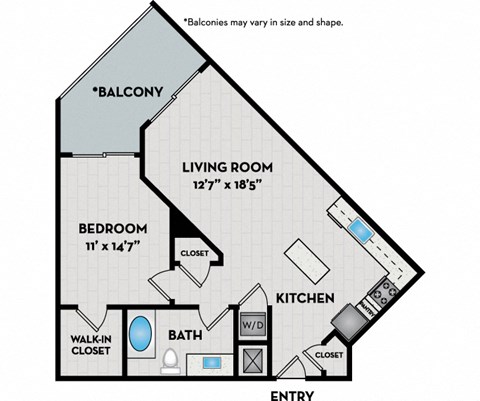 Floor plan for 1 bed, 1 bath, 801 sqft