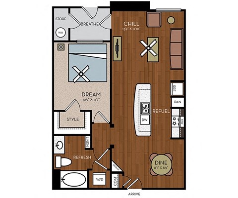 Floor plan for 1 bed, 1 bath, 821 sqft