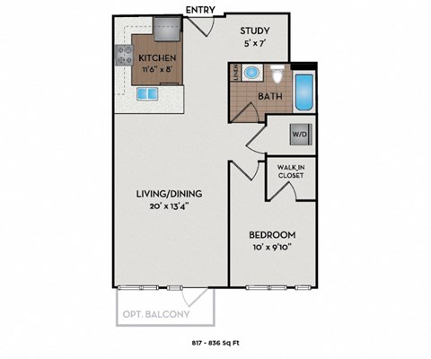 Floor plan for 1 bed, 1 bath, 817 sqft