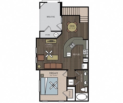 Floor plan for 1 bed, 1 bath, 822 sqft