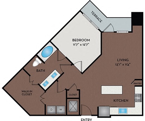 Floor plan for 1 bed, 1 bath, 848 sqft