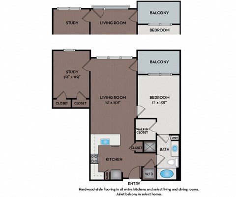 Floor plan for 1 bed, 1 bath, 969 sqft