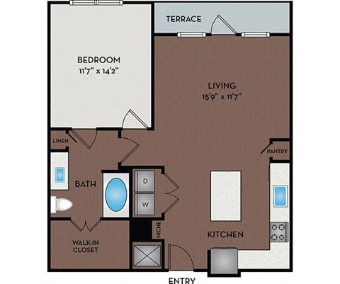 Floor plan for 1 bed, 1 bath, 925 sqft