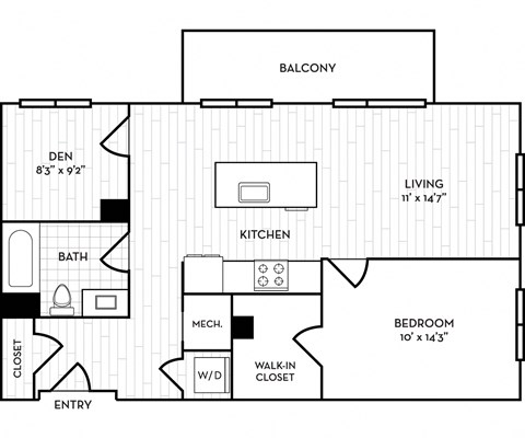 Floor plan for 1 bed, 1 bath, 875 sqft