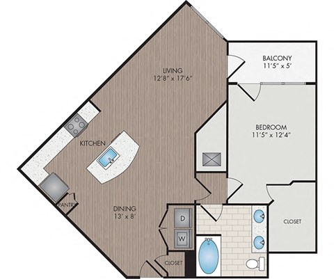Floor plan for 1 bed, 1 bath, 916 sqft