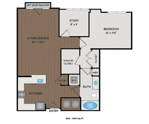 Floor plan for 1 bed, 1 bath, 951 sqft