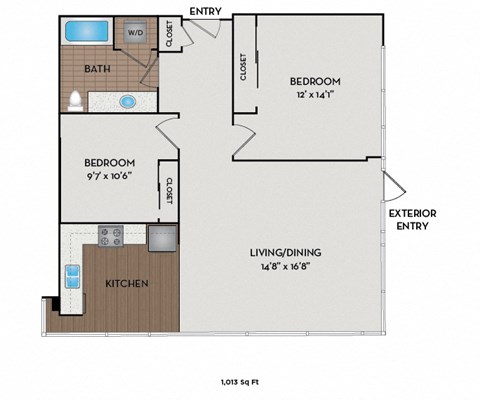 Floor plan for 2 beds, 1 bath, 1013 sqft