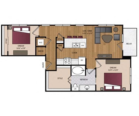 Floor plan for 2 beds, 1 bath, 936 sqft