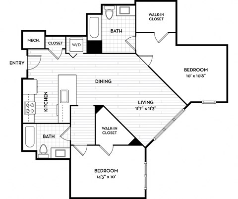 Floor plan for 2 beds, 2 baths, 1011 sqft
