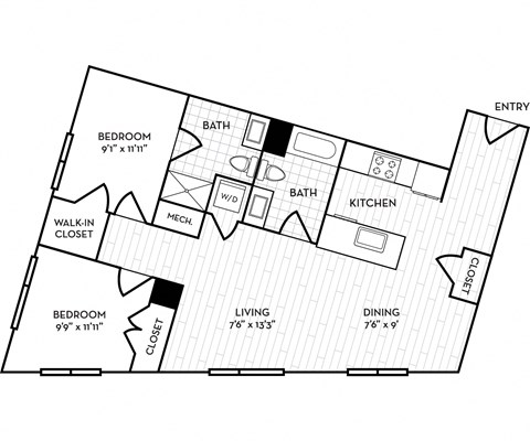 Floor plan for 2 beds, 2 baths, 1013 sqft
