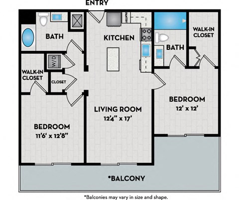Floor plan for 2 beds, 2 baths, 1020 sqft