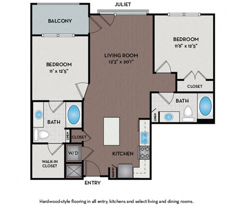 Floor plan for 2 beds, 2 baths, 1268 sqft